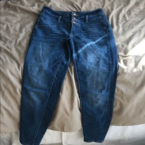 High waisted, medium wash jeans, no rips